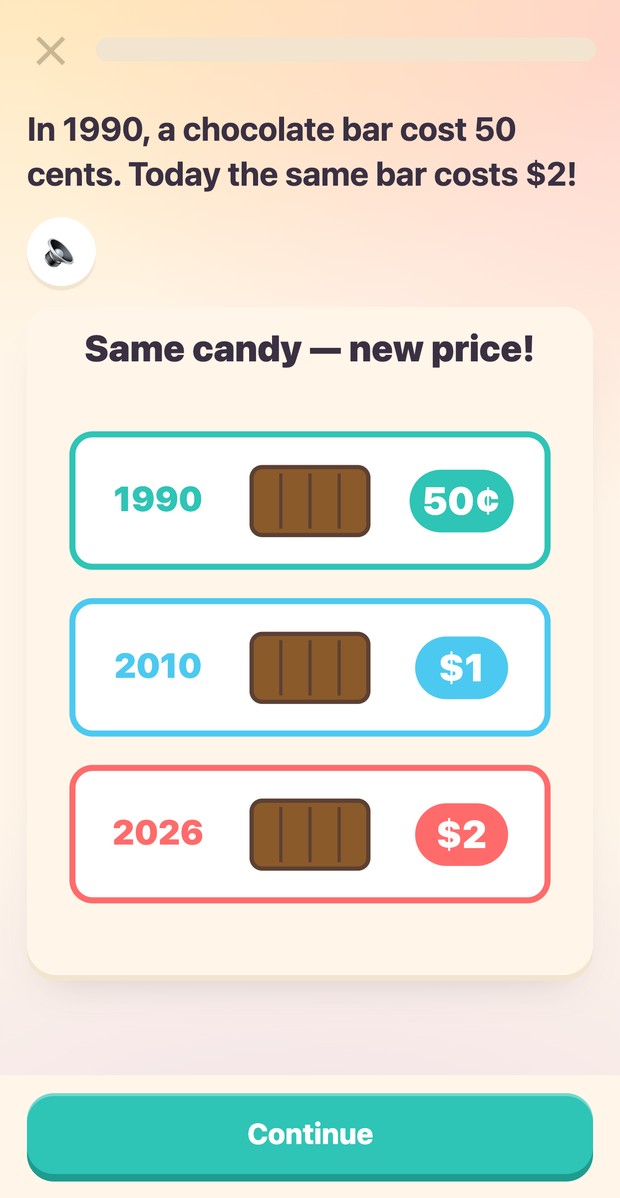 A Batch lesson card behind it: a chocolate bar cost 50 cents in 1990, one dollar in 2010 and two dollars in 2026 — same candy, new price.